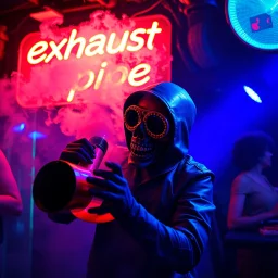 A exhaust pipe performing at dance club, his name is "exhaust pipe" and looks crazy, looks very aggressive look, Neon lights and smog, Im a "exhaust pipe" SIGN ON WALL