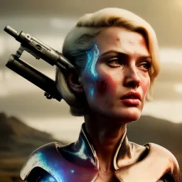 Ultra Realistic retro sci-fi movie war scene, waist up view portrait, blonde woman pointing a gun, sweet young Daryl Hannah face, perfect iris, glow eyes, makeup, weapon. War background, Retro sci-fi style, tight latex coat, fog, rain, soft color, highly detailed, unreal engine 5, ray tracing, RTX, lumen lighting, ultra detail, volumetric lighting, 3d, finely drawn, high definition, high resolution.