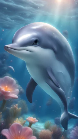 Kawaii, Cartoon, one cute dolphin in the ocean, with sweet eyes, two fins and a dolphin tail , Caricature, Realism, Beautiful, Delicate Shades, Lights, Intricate, CGI, Botanical Art, Animal Art, Art Decoration, Realism, 4K , Detailed drawing, Depth of field, Digital painting, Computer graphics, Raw photo, HDR