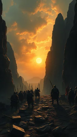 Busch nightmares paining style, thin line draw ,Title:view of an army at the top of the hell hidden and waiting the sunrise to attack a Stone Age village ,8k artistic photography, photorealistic concept art, soft natural volumetric cinematic perfect light, chiaroscuro, award-winning photograph, masterpiece, oil on canvas, Raphael, Caravaggio, Greg Rutkowski, people, beksinski, Giger