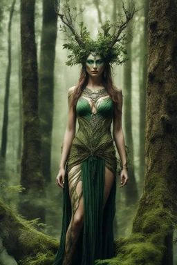 Photography HD realistic full body portrait natural beauty of a forest dryad enchantress , with highly detailed, sharply lined facial features, in the deep forest of Brokilon , finely inked, in rustic colors, 4k