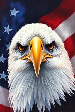 an expressive painting of an American eagle face with the American flag in the background, might see a companion with features of absolute strength and determination, blended with warmth and deep faith. Perhaps his head expresses wisdom and courage, with eyes radiating confidence and faith.