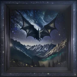 image framed with a thin border of celtic designs, story book cover format, A winged celestial dragon in flight above a forested mountain, against a background of brilliantly glittering stars, hd 4k, fine sharp detail