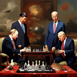 Putin, President Xi Of China And Joe Biden Play Chess With A Pigeon,Ufo And Atomic Bomb Mushroom Cloud,Complex Surgical Instruments Intermixed With A Newborn Boy,Minimalism,Painting By Adrian Ghenie,Rene Magritte,Pablo Picasso,Michelangelo,Salvador Dali,Lucian Freud