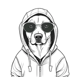 line art drawing of a dog wearing a hoodie with sun glasses. The hoodie has the outline shape of a dog. black and white, no background