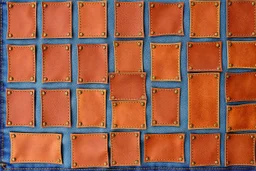 blue denim background covered with a grid of many rectangular weathered brown leather patches that are each stitched around the edges