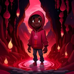 a brown skin coloured cartoon boy with a evil smile big head standing in a big black cave with an evil smile and hes wearing black hoodie and red pants with black shoes with red and pink fire around him and pink crystals with the moon outside and a river in the cave