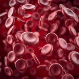 An extremely detailed and close-up view of red blood cells floating in a bloodstream. The scene shows numerous red blood cells, depicted as round, smooth, and biconcave disc-shaped structures. The background is a deep red, giving a sense of movement and fluidity. The lighting should highlight the texture and three-dimensionality of the cells, creating a realistic and dynamic composition.