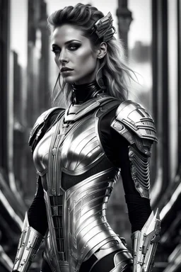 Generate an 8k image of a futuristic Hollywood superstar with android features, inspired by Luis Royo's art, wearing a metallic exosuit.In black and white,