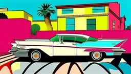 a greengrocer in colorful palma de mallorca street, stalking a cadillac eldorado 1959 flammable,pop art, Andy Warhol.Roy Lichtenstein.