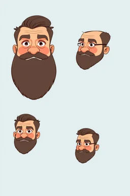 Create an image based on this text: Unifying the character to remain consistent in all angles and expressions while maintaining the facial features as seen in the pictures: 1. Fixed facial dimensions: Face shape: The face is round with a strong jaw and a medium beard, slightly chubby. These essential features should remain consistent in all angles. Eyes, nose, and mouth: The large eyes and wide nose should maintain their relative position in all expressions, as shown in the pictures. The mout