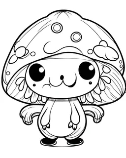 Black and white outline art only for cute coloring book pages, cute kawaii mushroom, all white, white background only, whole body, sketch style, full body, only outlines used, cartoon style, 2d