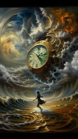 A TIME MACHINE in the universe RUNNING FROM IT TO THE HEAD wave and clods , Busch painting style,