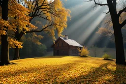 A Austrian wooden house in a mystery hilly oak forest in autumn, yellow orange leaves on ground, moist in air, early morning, sun streaks, dense vegetation,