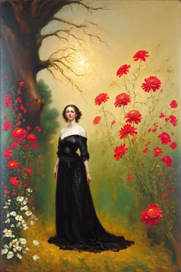 One woman, flowers, vegetations, gothic horror films influence, creepy, depressive, gloomy, witch influence, arnold bocklin, and henry fuseli paintings