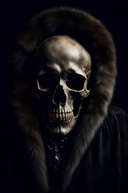 A portrait in the form of a skull wearing a traditional Russian kokshnik. the skeleton itself is dressed in a fur coat, part of which is visible in the portrait. dark and scary tones. ultrarealism, hd