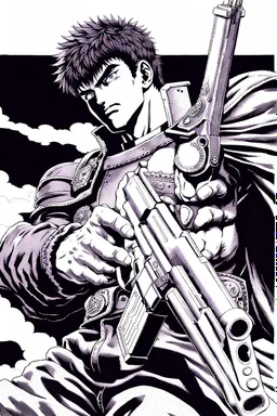 Guts from Berserk holds a revolver gun to his head.