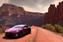 A Tesla 'Model S' is going at a high speed, in the 'Grand Canyon National Park'. (CINEMATIC, WIDE ANGLE LENS, PHOTO REAL)
