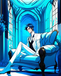 Stunning modern anime illustration of tall man, short black hair and piercing blue eyes. Wearing an elegant white office suit, he leans on a modern sofa. The background, contemporary house merges with dark fantasy elements, elegant lines and surprising architecture. A mysterious painting on the sofa, of a Gothic castle wrapped in darkness, enigmatic air. Vibrant and striking colors, atmosphere of intrigue and mystery