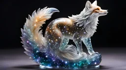 intricate transparent glass interstellar nebula fox statue made of galaxies, flora and fauna, hyper realistic, ultra detailed, elegant, beautiful, 1 tail