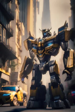 Transformers, TIME PERIOD: Modern, COLOR: Metallic, ASPECT RATIO: 16:9, FORMAT: Digital, FRAME SIZE: 4K, LENS SIZE: Telephoto, COMPOSITION: Dynamic, LIGHTING: Natural, LIGHTING TYPE: Daylight, TIME OF DAY: Day, ENVIRONMENT: Exterior, LOCATION TYPE: City, SET: Urban Cityscape, CAMERA: Handheld, LENS: Telephoto, FILM STOCK / RESOLUTION: 4K Resolution, TAGS: Action, Robots, CGI --v 5 --q 2 --ar 16:9