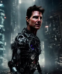 A portrait post-apocalypse cyborg Tom Cruise in a cyberpunk city, sci-fi fantasy style, 8k, volumetric lighting, particales,highly detailed,cinematic, deep scars on face,deep colours.