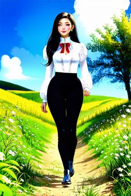 fullbody girl makeup wearing a victorian top and tight pants walking in country side ,flowers ,pretty clouds in blue sky