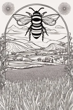 Mandala showcasing a lavender field amidst bee elements, sketched in black and white with clear, thick strokes, ideal for an adult coloring book, contour, vector, polished line art, set on a white scene