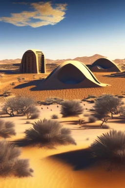 alien buildings, in the desert, surrounded by acacia trees, dunes, pathways, lake, roads, mountains, blue sky