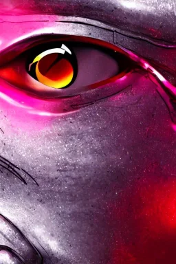 Extreme close-up of the eyes of a robot, soulless, gleaming metallic pink to metallic red, cyberpunk technopunk AbstractTech, rectangular