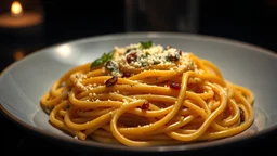 a closeup shot of a spaghetti carbonara , food photography, black background, evening, interior shot,volumetric lighting