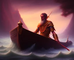 sango fantasy, fantasy magic, intricate, sharp focus, illustration, highly detailed, digital painting, concept art, matte, Greek mythology Charon ferryman in boat on river styx, sharp jagged rocks, red purple blue colours, red hot lava river