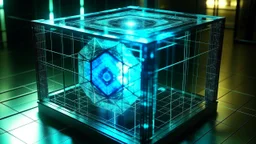 Cube tesseract from movie Loki. Tesseract should not be cropped. Located strictly in the middle of picture with space around it and with navy blue/green glow inside tesseract. Without surface/table on which it stay.