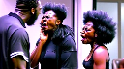 angry black lady screams while talking to Tyrone who is somewhere else laughing at her at the phone