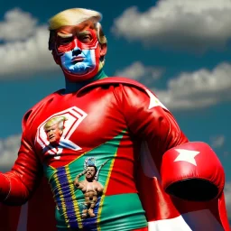 realistic image of donald trump as a mexican wrestling fighter posing outdoors, Mexican eyes wrestling mask, red and blue breeches with white stars, flag cape, sweat and blood, retro style, 80s, vibrant color, highly detailed, sky background, concept art, unreal engine 5, god rays, ray tracing, RTX, lumen lighting, ultra detail, volumetric lighting, 3d, finely drawn, high definition, high resolution.