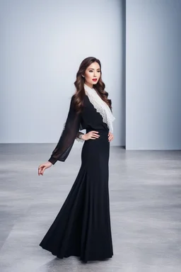 full body of very beautiful lady midi skirt and blouse , curvy hair with small cap and lace scarf ,standing idle happy pose in studio pretty makeup