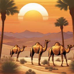 Ilustración estilo cómic de un atardecer en el desierto con camellos cálida ultra hiperdetallado