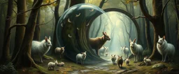 in the magical mirror forest you enter the strangest bubble doorway to weird dimension and the aura of its heavenly fluffy elevated messed up woodland creatures flock painted by Nerdrum and Rembrandt