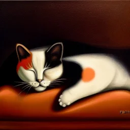 oil portrait of tricolor pattern Cat sleeping in a sofa by Pere Borrell del Caso 8k