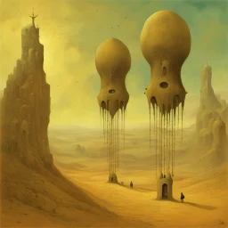 the bells become their voice, styled by Zdzislaw Beksinski and Leonora Carrington, asymmetrical surrealism, vertigo-inducing expansive landscape of Beksinski, surreal elongated figures of Carrington, trending on Artstation, matte oil painting, additional style by Jaume Capdevila