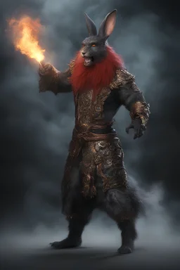 full body, head to toe, 3D, Flash, the anthropomorphic black Chinese Indian werewolf rabbit with Long wavy, curly (((red hair))) breathing fire, resembles Elvis Presley - full color - 32k, UHD, 1080p, 8 x 10, glossy professional quality digital photograph - dark foggy gradated background, historic, powerful, octane rendering, exquisite detail, 30 - megapixel, 4k, 85 - mm - lens, sharp - focus, intricately - ((skin details, high detailed skin texture