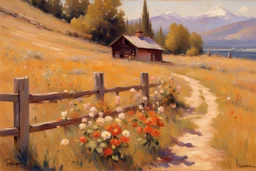 Sunny day, flowers, mountains, fence, distant cabin, pathway, theodore robinson impressionism painting