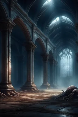 dark fantasy art of a medieval abandoned hall