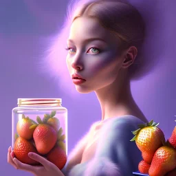 pixar style, realistic painting of a pretty women and a jar jam marmelade, in kitchen,volumetric blue clouds,pink sky environment and flying strawberries in the background, volumetric lighting,dramatic lighting, detailed digital painting, extreme dense and fine fur, anime, ornate, colour-washed colors, elegant, small minutiae, tiny features, particulars, centered, smooth, sharp focus, renderman gofur render, 8k, uhd, detailed eyes, realistic shaded volumetric lighting,caustics,backlight