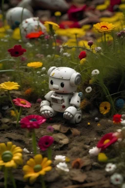 a toy in a felled of flowers