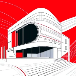 Draw an lineal illustration of a red and white country house, oval and round shapes, modern, minimalist style, ultra quality, detailed, Zaha Hadid style, Zaha Hadid style