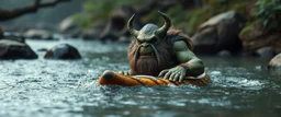 ancient ogre troll in kayak in stream