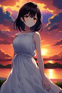 anime girl, black hair, brown eyes, light brown skin, white dress, sunset outdoors