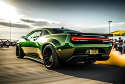 a black and gold 2023 dodge challenger 5.7 liter hemi engine hellcat with smoke pouring off its wide gator-back tires as the starting light goes green and it blasts of the starting line at a drag race before a cheering crowd coming right at the vewer.