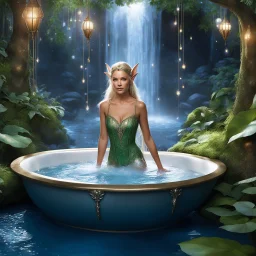 Jennifer Hawkins as a female Elf with pointed ears, graceful and ethereal, enters a bath on a platform nestled high in the trees of Lorien. The large bathtub is a barrel, surrounded by shimmering leaves and the soft glow of magical lanterns, reflects the moonlight like liquid silver. The Elf, her skin radiant and her hair cascading like a waterfall of silk, steps into the warm water with a sigh of contentment.